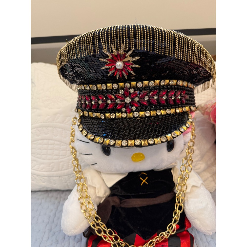 Black Sequin Captain Hat Red Rhinestone Gold Stud Festival Military Cap HAT ONLY